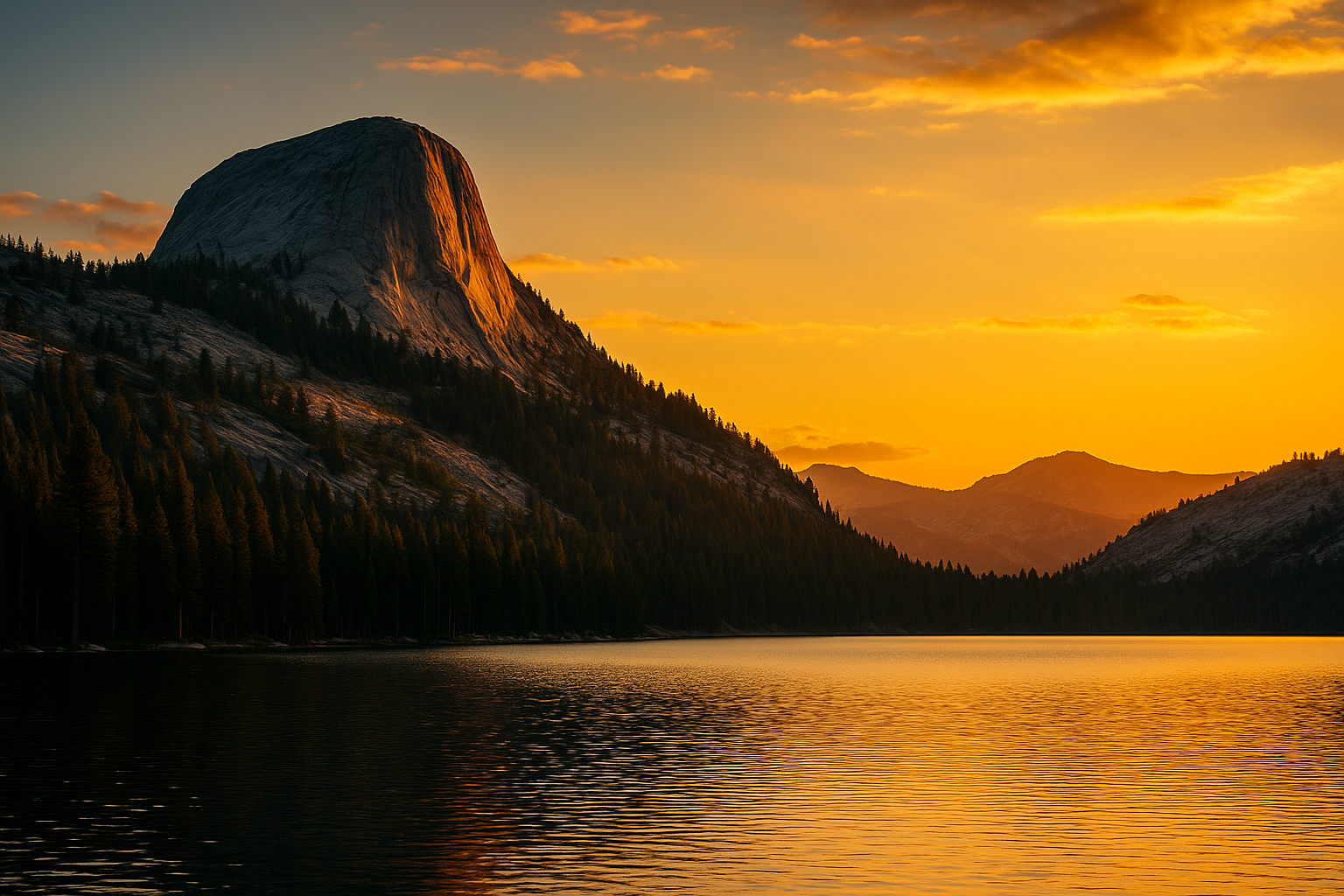 Sunset over a mountain landscape with warm golden light.