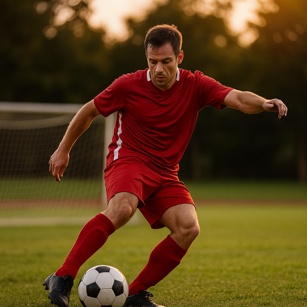 Soccer player in motion kicking a ball on the field.